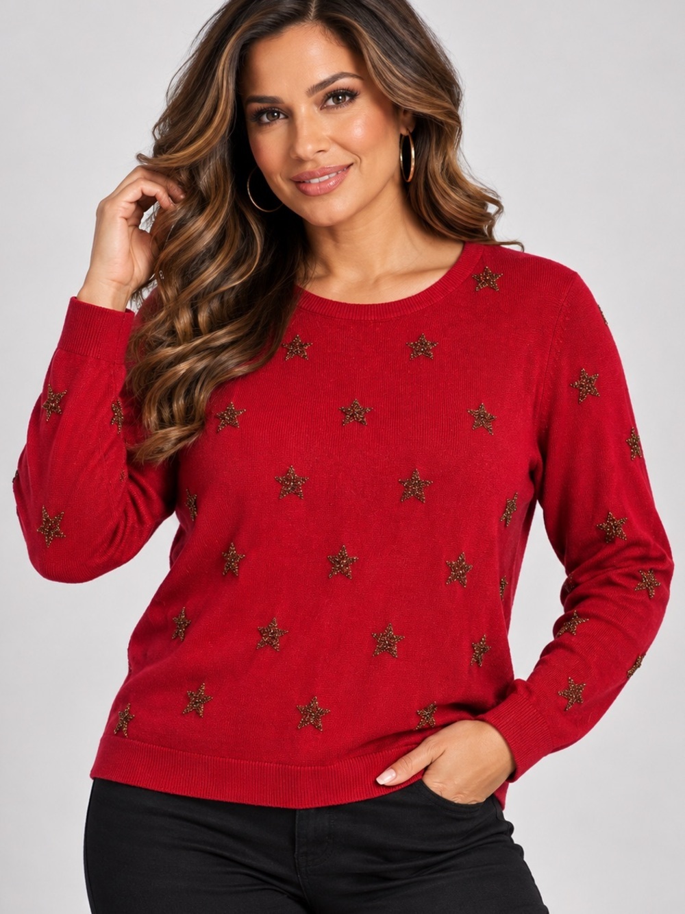 Talbots Petite Red Star Sweater MP Metallic Stars Crewneck Holiday
